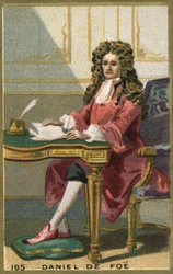 Portret van Daniel Defoe (1660 - 1731), Engelse dichter, romanschrijver en journalist. Chromolithografie van de 19e eeuw