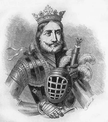 Portret van Etienne IX UroU IV DuUan in het Frans, Etienne Douchan (1308 tot 1355). Koning, daarna tsaar van de Serviërs. Gravure van 1840.