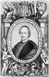 Portret van Francesco Grimani, Venetiaanse geestelijke uit de 16e eeuw. Hij was bisschop en patriarch van Venetië. Gravure