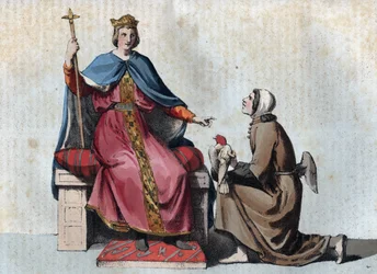 Portret van Frederik II van Hohenstaufen, keizer van het Heilige Roomse Rijk, met zijn valkenier - gravure uit „Usi e Costumi di Tutti i Popoli dell’Universo. Ovvero“
