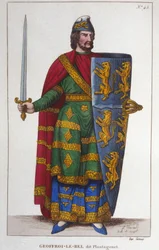 Portret van Geoffroy V genaamd Le Bel of Plantagenêt Graaf van Anjou (1113-1151). Gravure uit 1830