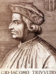 Portret van Giangiacomo Trivulzio (Maarschalk Trivulce) Markies van Vigevano in het Frans Trivulce. Maarschalk van Frankrijk (1448 tot 1518). Gravure van de 17e eeuw