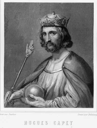 Portret van Hugues I Capet (v. 941 - 996), hertog van Frankrijk en daarna koning van Frankrijk - in "Histoire des Français" door Lavallée, gravure, sd