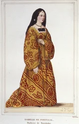 Portret van Isabella van Portugal (1397-1472) Hertogin van Bourgondië, vrouw van Filips de Goede. Gravure uit 1830