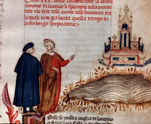 Portret van de Italiaanse dichter Dante Alighieri met Vergilius kijkend naar de troon van Hendrik VII (canto 20 van het Paradijs, in de Goddelijke Komedie) - miniatuur