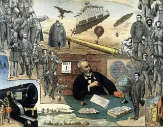 Portret van Jules Verne en scènes uit zijn werken - reclameposter voor zijn volledige werken