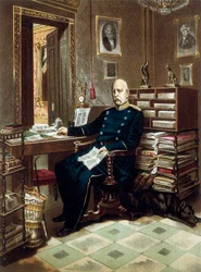 Portret van prins Otto von Bismarck (1815-1898), kanselier en Pruisische politicus, in zijn kantoor. Lithografie in kleur