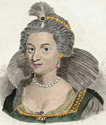 Portret van koningin Anna van Denemarken, koningin van Engeland (1574-1619), echtgenote van koning James I van Engeland (1566-1625). Gravure uit de 19e eeuw