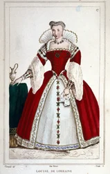 Portret van koningin Louise van Lotharingen (1553 - 1601), vrouw van Hendrik III. Gravure uit 1830.