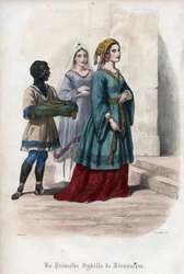 Portret van Sibylla van Jeruzalem (Jeruzalem Sibylle) (ca. 1160-1190), prinses en vervolgens koningin van Jeruzalem. Gravure uit 1842 in "Histoire des popes" door Maurice Lachatre. Privécollectie.