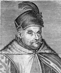 Portret van Stefanus I Bathory (1533-1586), prins van Transsylvanië en koning van Polen. Gravure uit de 16e eeuw