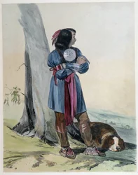 Portret van een Huron, Indiaan van Canada, met zijn hond - in 