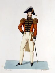 Portret van een Ridder van Eer van Cape en Zwaard van het Pauselijke Leger. Gravure uit de 19e eeuw.