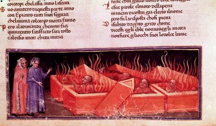 Portret van de Italiaanse dichter Dante Alighieri tussen de ketters (lied X van de Hel, in de Goddelijke Komedie)