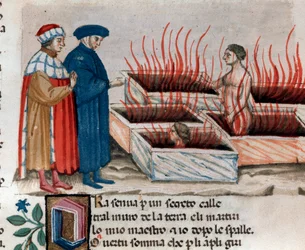 Portret van de Italiaanse dichter Dante Alighieri met Vergilius onder ketters zoals Farinata degli Uberti (lied 10 uit de Hel, in de Goddelijke Komedie) - miniatuur 15e eeuw