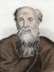 Portret van de Griekse filosoof Democritus (460-370 v.Chr.), Democritus van Abdera. Gravure uit de 19e eeuw.