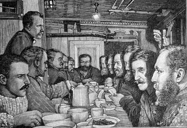 Portret van de Noorse ontdekkingsreiziger Fridtjof Nansen (1861-1930), wetenschapper en diplomaat, die zijn plan aankondigt om de Noordpool te benaderen aan de bemanning van het schip Fram rond 1897. Gravure