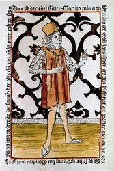 Portret van de Venetiaanse ontdekkingsreiziger Marco Polo (1254-1324) Frontispice van de eerste editie van “Il Milione: Het Boek der Wonderen” (Devisement du monde) Neurenberg