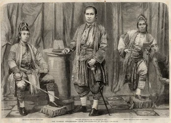 Portretten van Siamese ambassadeurs die in 1857 naar Engeland kwamen. Van links naar rechts: Cha mun Mondr Bidacks, vertegenwoordiger van de tweede koning van Siam, Phya Mantri Suriyawanse en Chau Mun Sarbbedh Bhacty, ambassadeurs van de eerste koning. Gra