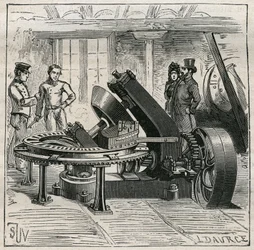Aardewerk: Fleury-machine gebruikt voor het mechanisch vormen van bakstenen. Gravure uit 1885 in “Les arts et métiers illustrés” door Adolphe BITARD