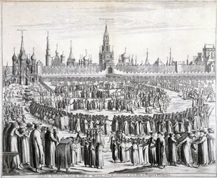 Processie van Paasbloemen voor de Heilige Verlosserpoort en het Kremlin in Moskou. Gravure uit de 19e eeuw.