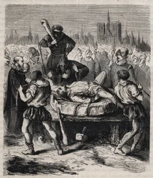 Bestraffing van François Ravaillac (1578-1610), de moordenaar van koning Hendrik IV (1553-1610), op de Place de Grève in Parijs in 1610 - Gravure uit 1879 in “Histoire des sociétés secrètes, politiques et religieuses” door Pierre Zaccone (1817-1895)