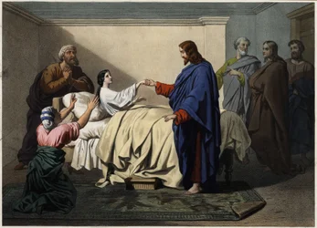 Opwekking van de dochter van Jairus - Jezus redt de dochter van Jaire (Jairus of Jairos). Anonieme gravure uit het einde van de 19e eeuw