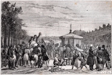 Lezing van de voorschriften gepubliceerd in de krant Moniteur in de tuinen van het Koninklijk Paleis in Parijs op 26 juli 1830 tijdens de burgeroorlog - Revolutie 1830 - Lecture des prescriptions dans Le Moniteur, au jardin du Palais-Royal, le 26 juillet 1