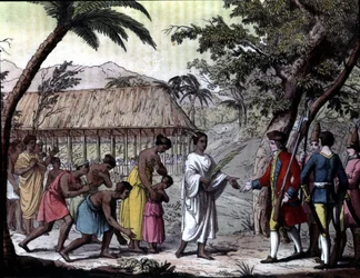 Ontvangst van de navigator Samuel Wallis door koningin Oberea in Tahiti. Navigaties van Cook, Milaan
