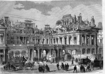 Reconstructiewerkzaamheden van het Koninklijk Paleis (Palais-Royal) in Parijs. Gravure in 