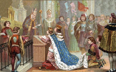 Relatie van Bretagne met Frankrijk: Lodewijk XII (1462-1515) trouwde met Anne de Bretagne (1477-1514). Hun huwelijk herenigde Bretagne met Frankrijk (1499). Chromolithografie uit het einde van de 19e eeuw.