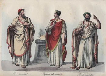 Religie in het oude Rome - Romeinse priester - Regina sacrorum - Rex Sacrorum (rex sacrificulus) - gravure uit „Usi e costumi di tutti i popoli dell
