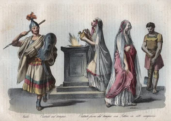 Religie in het oude Rome - Salii (springende priesters) en Vestaalse maagden - Gravure uit ‘Usi e Costumi di Tutti i Popoli dell