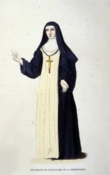 Religieuze van Onze-Lieve-Vrouw van Barmhartigheid. Gravure uit een album over religieuze orden, Parijs