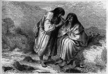 Remedie voor de verkoudheid: de insufflatie van tabak onder Amerikaanse Indianen. Gravure in 