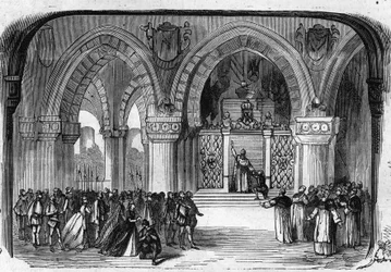 Voorstelling van Don Carlo (Don Carlos) Opera in 5 bedrijven door Giuseppe Verdi in de Parijse Opera op 11 maart 1867. Scène van het 5e bedrijf: Klooster van St. Juste, verschijning van Karel V. Gravure uit 1867