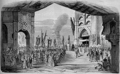 Voorstelling van Don Carlo (Don Carlos) Opera in 5 bedrijven door Giuseppe Verdi in de Parijse Opera op 11 maart 1867. De car da fe, 3e bedrijf, decor van Cambon en Thierry. Gravure uit 1867.