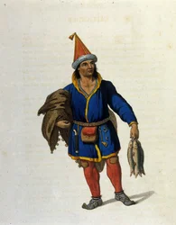 Voorstelling van een inheemse Sami (wonend in de gebieden van Noorwegen, Zweden, Rusland, Finland) terugkerend van het vissen. Gravure uit de 19e eeuw