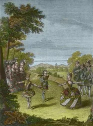 Voorstelling van het ballet "De triomf der liefde" van Christoph Willibald Gluck in Schonbrunn, Wenen 1865 (gravure)