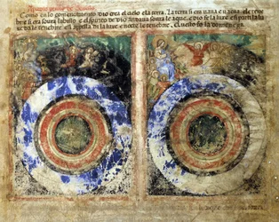 Voorstelling van de schepping van de wereld. Genesis. Miniatuur uit codex 212 (of padovano codex of Bijbel van Padua) 1390-1400 Rovigo, Accademia dei Concordi