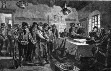 Republiek Andorra en anti-Franse agitatie: het hof van Corts van de bisschop van Urgel partij (Monseigneur Caixal) oordeelt de liberalen van de Franse partij na de vaststelling van de verkiezingen tijdens de stemming. Gravure in "Le Monde Illustré"
