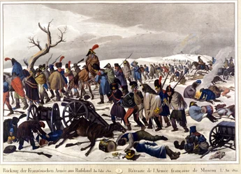 Terugtrekking van het Franse leger uit Moskou in 1812. Gravure uit de 19e eeuw