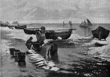 Terugkeer van de vissers op het strand van Belle Isle (Belle-Isle) in Bretagne. Gravure in 