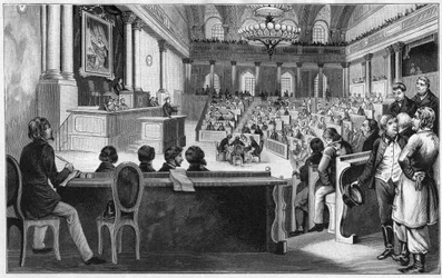 Revolutie in Wenen 1848 - De bijeenkomst van de eerste Oostenrijkse Grondwetgevende Vergadering (Reichsversammlung), juli 1848, in de Spaanse Rijschool in Wenen, Oostenrijk.