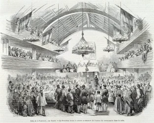 Revolutie van 1848: Broederschapshal, Rue Martel, de voorzitter schorste de zitting bij de binnenkomst van de commissaris in de zaal