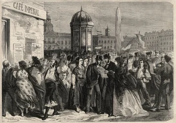 Revolutie van september 1868 in Spanje (Gloriosa): het voorlezen van het manifest van de junta, in de straat van Alcala in Madrid. Gravure in 