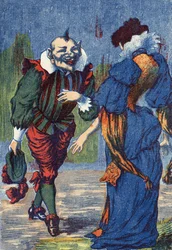 Riquet presenteert zich opnieuw aan de prinses. Illustratie voor "Riquet met de kuif", sprookje door Charles Perrault (1628-1703), Franse schrijver. Anonieme illustratie. Beeld Marcel Vagne, Jarville Nancy, ongedateerd (eind 19e eeuw).