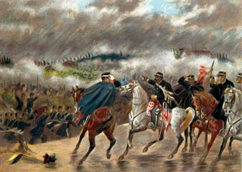 Italiaanse Campagne (1859): Victor Emmanuel II tijdens de Slag bij San Martino leidde de Piemontese troepen tegen het Oostenrijkse leger op 24/06/1859. Privécollectie