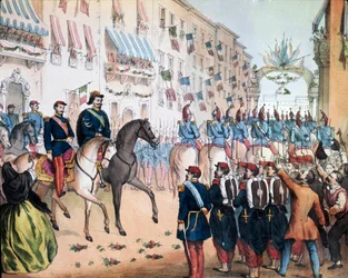 Risorgimento: De intocht van Victor Emanuel II, koning van Italië, en Napoleon III, keizer van Frankrijk, in Milaan op 08/06/1859. Museo Nazionale del Risorgimento, Rome