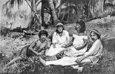 Robert Louis Stevenson (1850 - 1894) met zijn vrouw in Samoa waar hij zijn residentie had in Vailima. Gravure rond 1890-1895.